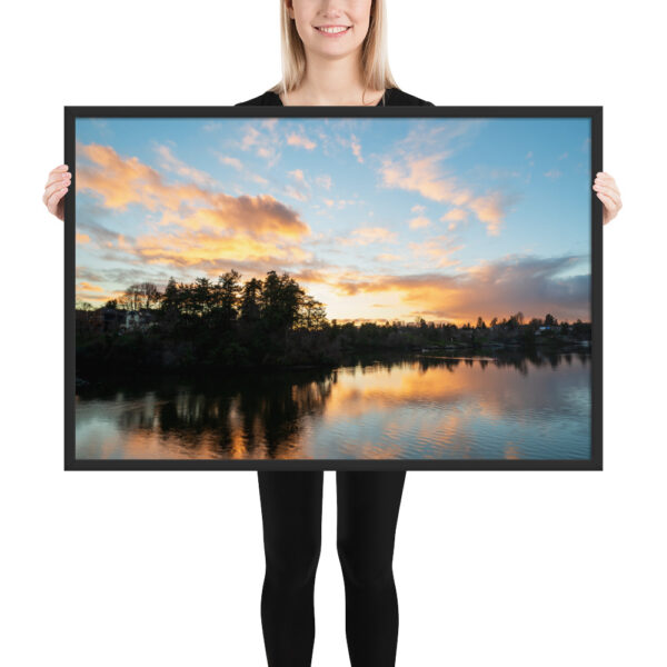 photo of banfield park in victoria bc with beautiful sunset and glowing orange clouds with blue sky